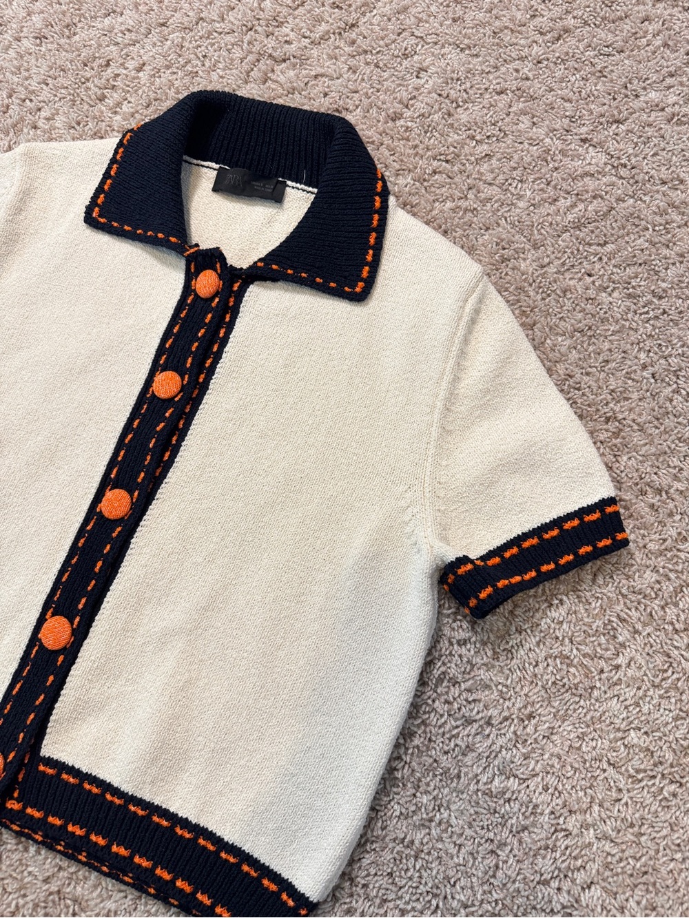Zara Cream Short-Sleeve Knit Cardigan Top Black & Orange Trim Size M - Picture 3 of 8
